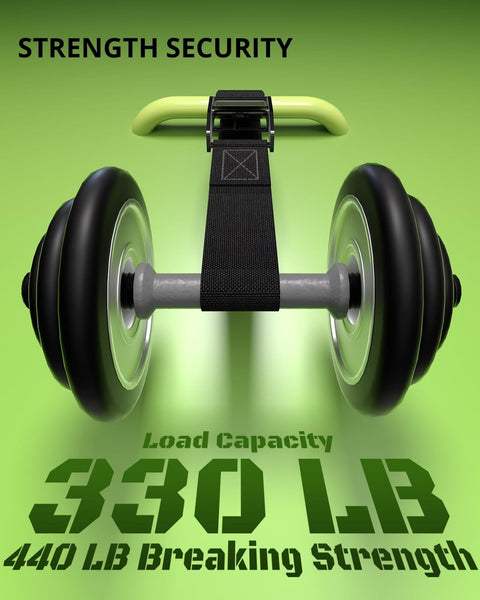 330 lb load capacity shown with cam buckle on 0.75 Inch By 48 Inch Lashing Straps With Cam Buckles, No Knots Needed, Black, 4 Pack