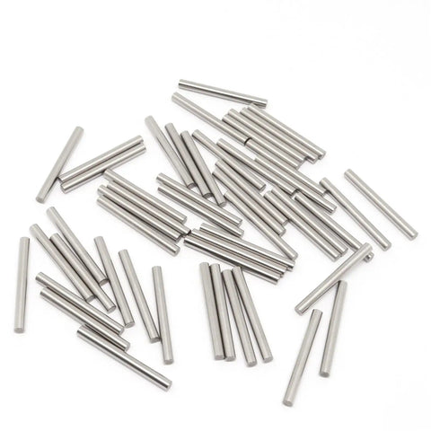 Stainless Steel Shelf Dowel Pins 4mm By 40mm 50 Pcs Heavy Duty Shelf Pins scattered, shown in silver metal.