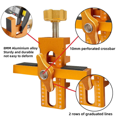 Close-up of 8MM aluminum alloy No Sweat Cabinet Door Installation Clamp With Adjustable Positioner and Lightweight Aluminum Hinge Drill Jig.