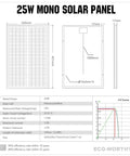 Technical specifications diagram of 25W 18V Monocrystalline Solar Panel Waterproof For Charging 12V Batteries In RVs Boats Trailers ATVs.