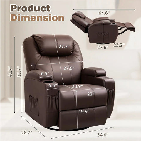 Dimensions of Cozy Leather 360 Degree Swivel Rocker Recliner With Massage, plush dark brown single sofa for adults, various angles