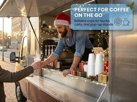 Vendor serving coffee in 12 Oz Insulated Foam Cups 100 Pack Grab And Go Disposable Coffee Cups For Hot Or Cold Beverages Ideal For Parties