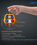 Person holding Digital Manifold Gauge for HVAC and Refrigeration Systems with 3 Ports LCD Display and Temperature and Pressure Readouts
