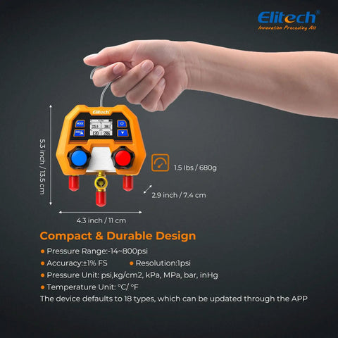 Person holding Digital Manifold Gauge for HVAC and Refrigeration Systems with 3 Ports LCD Display and Temperature and Pressure Readouts