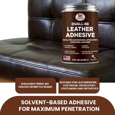 Heavy Duty Leather Adhesive 4 Oz Glue For Leather Repair And Crafting For DIY Upholstery Waterproof Heat Resistant Flexible Long Lasting High Strength Bond For Bags Jackets Wallets And More on leather surface