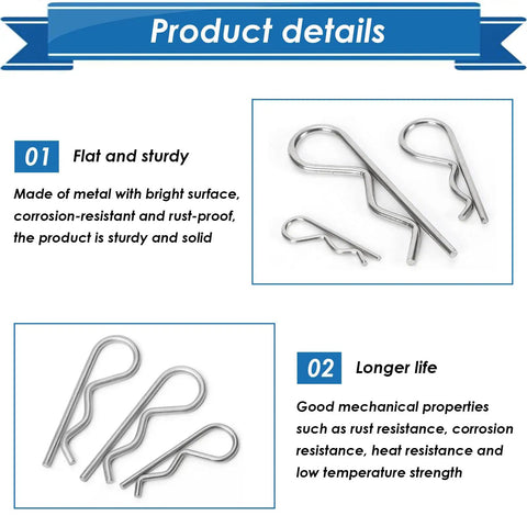 Durable Cotter Pin Kit With 300-Piece 304 Stainless Steel R Clips, 7 Sizes showing rust-resistant metal clips on white background