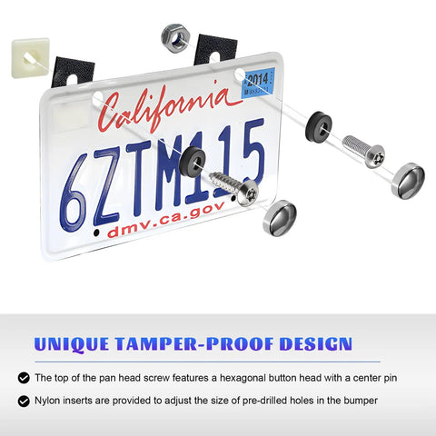 Heavy Duty Anti Theft License Plate Screw Kit with stainless steel screws and nylon inserts securing a California license plate.
