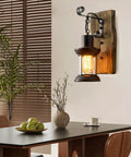 Set Of Two Rustic Industrial Wall Sconces In Black Metal With Wood Backplate Farmhouse Indoor Lighting For Dining Room