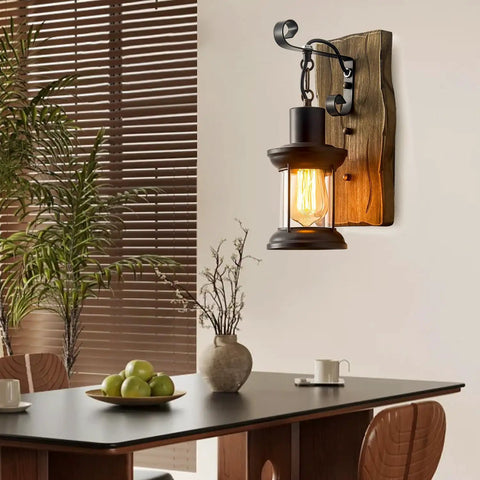 Set Of Two Rustic Industrial Wall Sconces In Black Metal With Wood Backplate Farmhouse Indoor Lighting For Dining Room