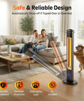 Infrared 1500W Outdoor Patio Heater Tower 42 Inch Tall with safety features in a living room with family and dog.