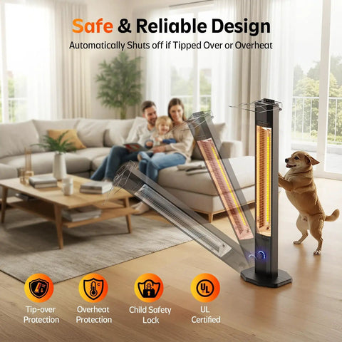 Infrared 1500W Outdoor Patio Heater Tower 42 Inch Tall with safety features in a living room with family and dog.