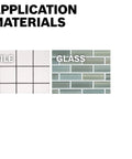 Tile and glass application materials collage showing tile grid and glass tile patterns.