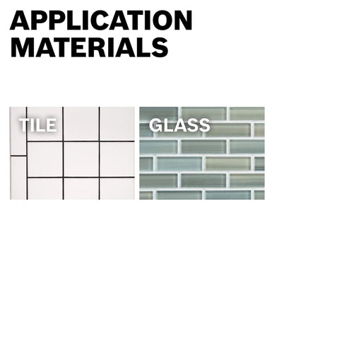 Tile and glass application materials collage showing tile grid and glass tile patterns.