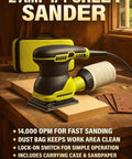 Top Shelf Corded Detail Sander With Rock Solid 2 Amp Motor And Super Smooth Orbit Design, showing detail sander on wood surface.