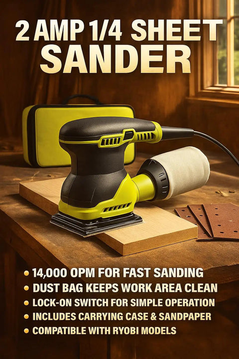 Top Shelf Corded Detail Sander With Rock Solid 2 Amp Motor And Super Smooth Orbit Design, showing detail sander on wood surface.