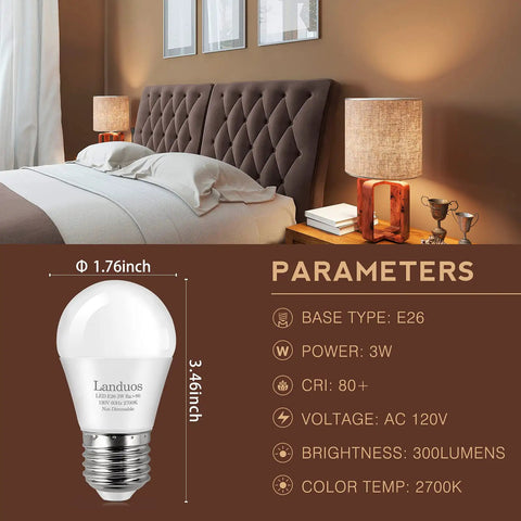 3W Led Bulb, 25W Incandescent Equivalent, 2700K Warm White, A15 E26 Mini Bulb next to bed, cozy light in bedroom setting