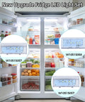 Open refrigerator showcasing the 3 Pack Refrigerator LED Light Set with Tapered Lens for Fridge and Freezer Includes Two Secondary Lights and One Main Ceiling Light Replaces WPW10515057 WPW10515058 AP6022533 AP6022534 PS11755866 Compatible with Whirlpool Kenmore Maytag KitchenAid, highlighting LED placement.