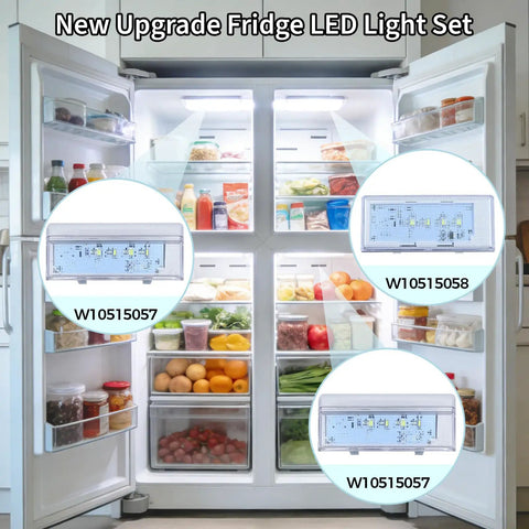 Open refrigerator showcasing the 3 Pack Refrigerator LED Light Set with Tapered Lens for Fridge and Freezer Includes Two Secondary Lights and One Main Ceiling Light Replaces WPW10515057 WPW10515058 AP6022533 AP6022534 PS11755866 Compatible with Whirlpool Kenmore Maytag KitchenAid, highlighting LED placement.