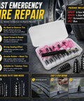 Rock Solid Mushroom Tire Repair Kit With Steel Puller Tool And Compact Carry Case For Cars Trucks Scooters And Electric Bikes No Sweat Roadside Puncture Patch Jobs in a box showcasing nails and screwdriver.