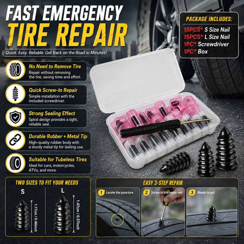 Rock Solid Mushroom Tire Repair Kit With Steel Puller Tool And Compact Carry Case For Cars Trucks Scooters And Electric Bikes No Sweat Roadside Puncture Patch Jobs in a box showcasing nails and screwdriver.