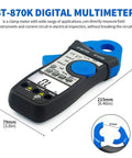 Clamp Meter Digital Multimeter For AC DC Voltage And Current, detailed view with dimensions and clamp mechanism