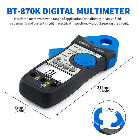 Clamp Meter Digital Multimeter For AC DC Voltage And Current, detailed view with dimensions and clamp mechanism