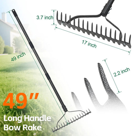 Beefy 63 Inch Heavy Duty Metal Garden Rake With Ergonomic Handle 17 Tines For Loosening Compact Soil and Anti Rust Coating