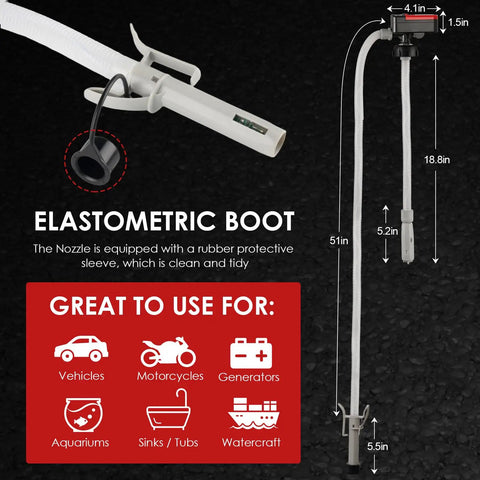 Diagram showing an electric fuel transfer pump with elastomeric boot, battery powered, 51 inch hose, and adapters for various uses.