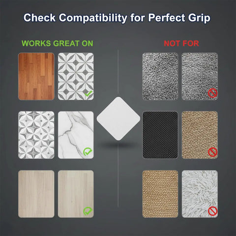 16 Piece Rug Corner Grippers No Slip Rug Pads for Hardwood and Tile compatibility chart