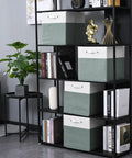 13x13 Fine Linen Storage Bins With Handles, Fabric Cube Boxes For Shelves And Closets, White And Green 4 Pack displayed on a shelf