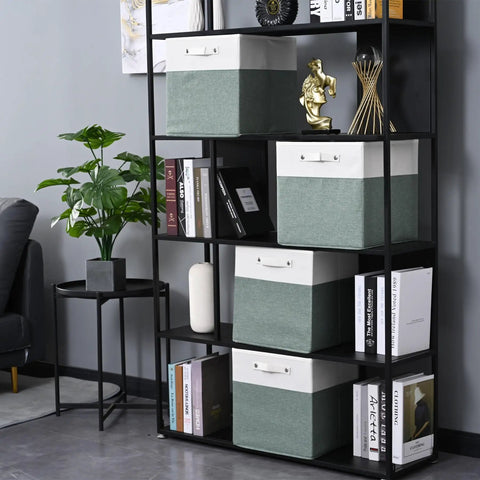 13x13 Fine Linen Storage Bins With Handles, Fabric Cube Boxes For Shelves And Closets, White And Green 4 Pack displayed on a shelf