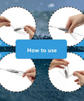 Four instructional images on using Five Piece Lead Long Tail Spider Sinker Set For Saltwater Surf Fishing with 4 oz weights.