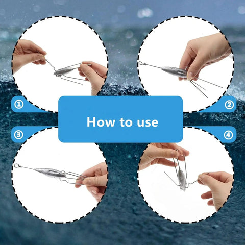 Four instructional images on using Five Piece Lead Long Tail Spider Sinker Set For Saltwater Surf Fishing with 4 oz weights.