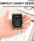 Hand holding self inking date stamp with signature, compact size for office use with one line text in multiple fonts and colors.