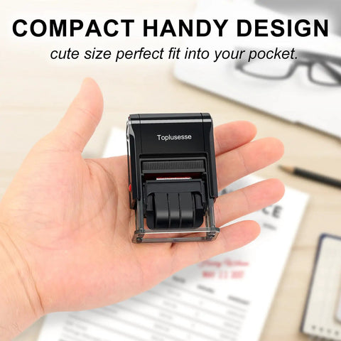 Hand holding self inking date stamp with signature, compact size for office use with one line text in multiple fonts and colors.