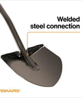 Beefy Heavy Duty Garden Shovel With Straight Handle For Digging In Tough Soil, showing welded 14-gauge steel blade connection.