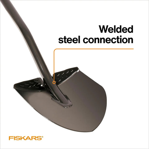 Beefy Heavy Duty Garden Shovel With Straight Handle For Digging In Tough Soil, showing welded 14-gauge steel blade connection.