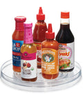 Recycled Plastic Lazy Susan Turntable Organizer For Kitchen Cabinets And Pantry Storage with bottles, 11 inch, clear finish.