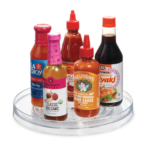 Recycled Plastic Lazy Susan Turntable Organizer For Kitchen Cabinets And Pantry Storage with bottles, 11 inch, clear finish.