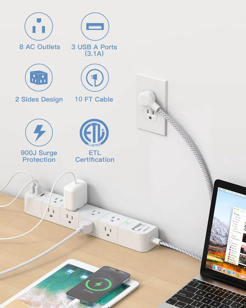 Must Have 10 Ft Extension Cord Power Strip With 8 AC Outlets And 3 USB Ports on desk, connected to laptop, ETL listed.