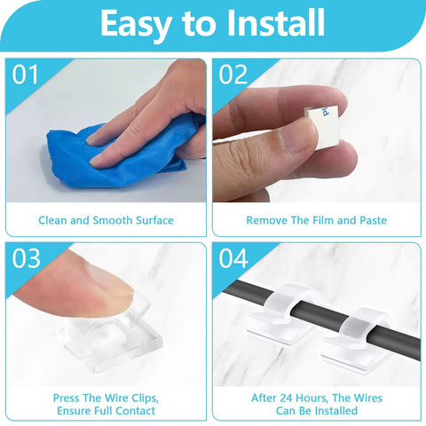 Step-by-step installation guide of 100 Pack Adhesive Cable Clips Clear for Cables Up To 5mm on smooth surfaces.