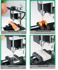 Portable Benchtop Drill Press With CNC 775 Motor And Flexible Shaft showing wood, plastic, round bead, and metal punching in action.