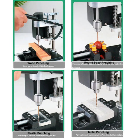 Portable Benchtop Drill Press With CNC 775 Motor And Flexible Shaft showing wood, plastic, round bead, and metal punching in action.