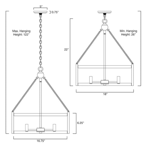 Diagram of 22 Inch Modern Farmhouse 4 Light Drum Pendant Chandelier With Adjustable Height Warm Oak Wood Finish And Textured Black Accents