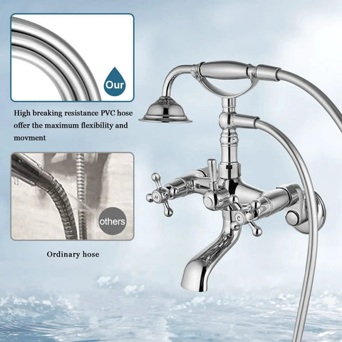 Polished Chrome Clawfoot Tub Faucet Set With Handheld Shower Wall Mount Tub Filler Two Cross Handles Victorian Style