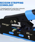 Close-up of All In One Ethernet Crimping Tool Kit with wire stripper, showing precision stripping technology.