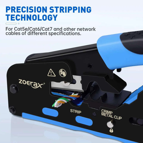 Close-up of All In One Ethernet Crimping Tool Kit with wire stripper, showing precision stripping technology.