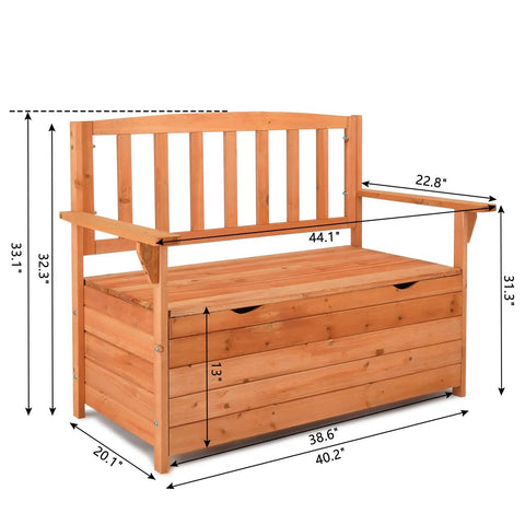 Outdoor Wood Storage Bench With Seating And Armrests Large Deck Box For Garden Patio Porch Backyard Poolside Waterproof Weatherproof Organizer Loveseat Natural Finish Dual Purpose Bench With Hidden Storage dimensions shown
