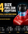 4 size fuel can adapters with leak-proof design for Badass Cordless Fuel Transfer Pump compatible with DeWalt and Milwaukee tools.