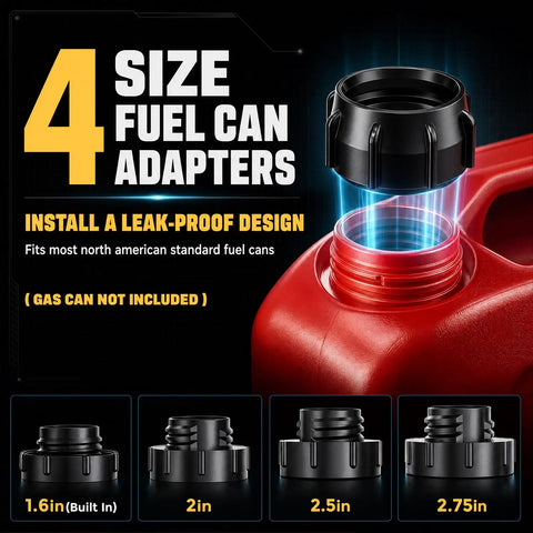 4 size fuel can adapters with leak-proof design for Badass Cordless Fuel Transfer Pump compatible with DeWalt and Milwaukee tools.